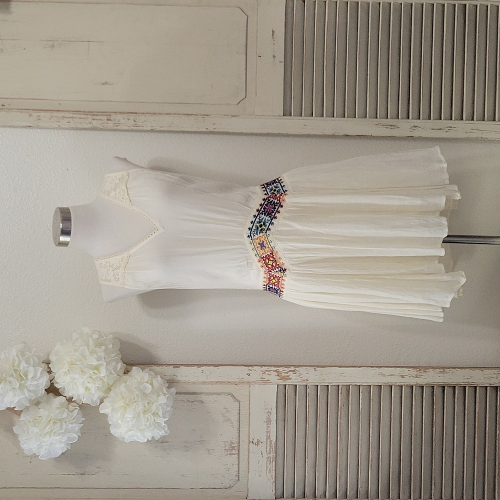 Free People ivory sheer embroidered v neck dress small